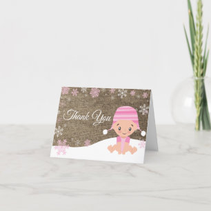 Winter Snowflake Baby Girl Pink Burlap Bedankkaart