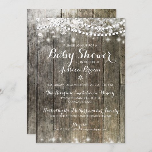 Winter Snowflake Baby shower Uitnodiging - Rustiek (Voorkant / Achterkant)