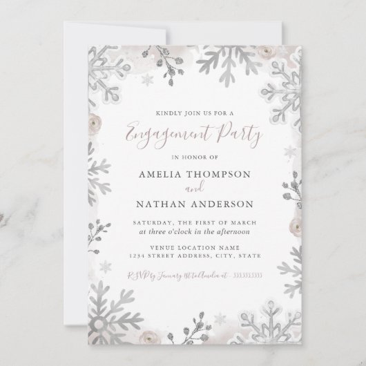 Winter Snowflake Blush Silver Engagement Party Kaart (Voorkant)
