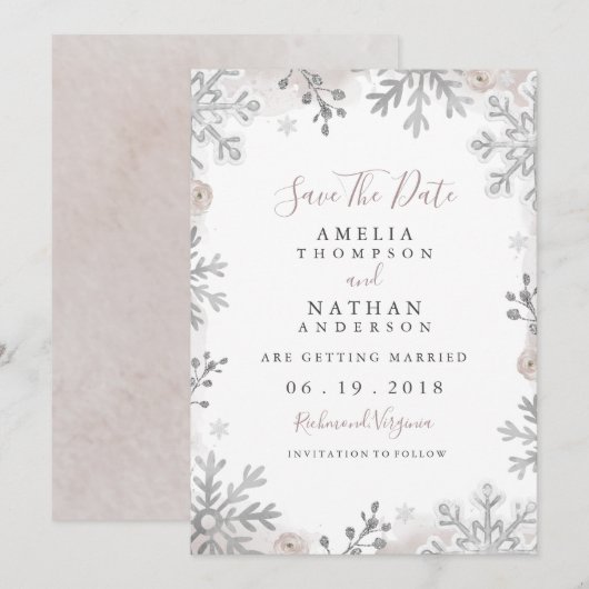 Winter Snowflake Blush Wedding Save the Date Kaart (Voorkant / Achterkant)