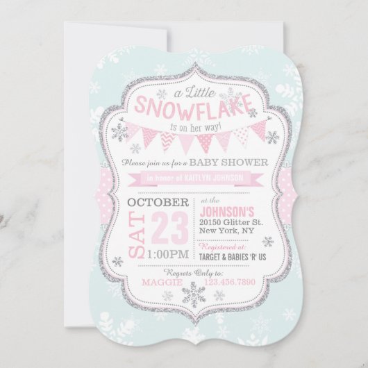 Winter Snowflake Glitter Baby shower Uitnodiging (Voorkant)