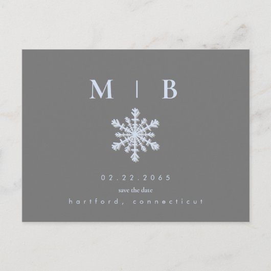 Winter Snowflake Grey/Ice Blue Monogram Opslagdatu Aankondigingskaart (Voorkant)