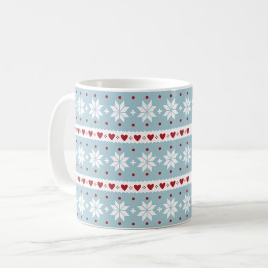 Winter Snowflake Hearts Designer Coffee Mok (Voorkant links)
