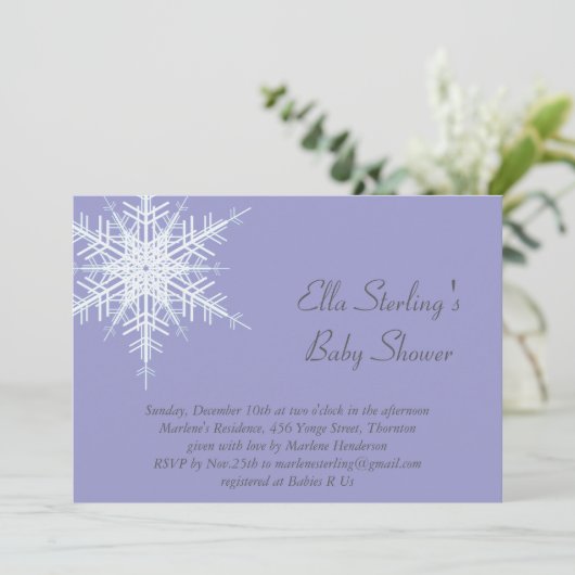 Winter Snowflake Lila Baby shower Kaart (Staand voorkant)