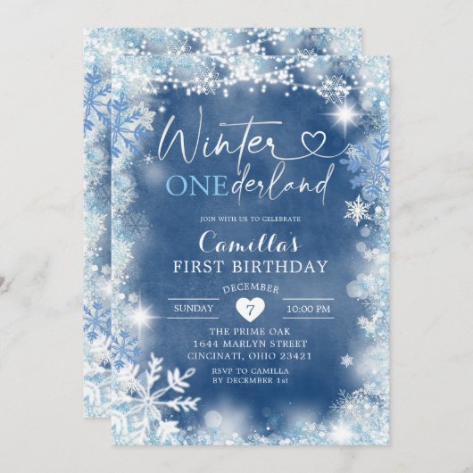 Winter Snowflake Onederland Birthday Invite11-2 Kaart (Voorkant / Achterkant)