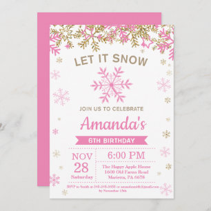 Winter Snowflake Pink and Gold Girl Birthday Kaart