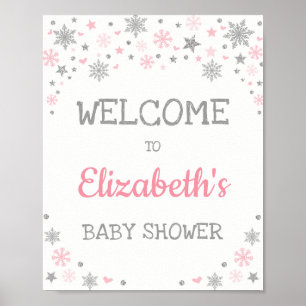 Winter Snowflake Pink Silver Baby shower Welkom Poster