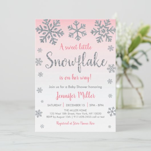 Winter Snowflake Roze en zilver Baby shower Kaart (Staand voorkant)