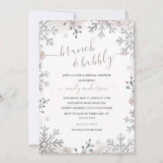Winter Snowflake Silver Blush Brunch en Bubble Kaart (Voorkant)
