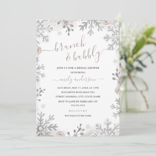 Winter Snowflake Silver Blush Brunch en Bubble Kaart (Staand voorkant)