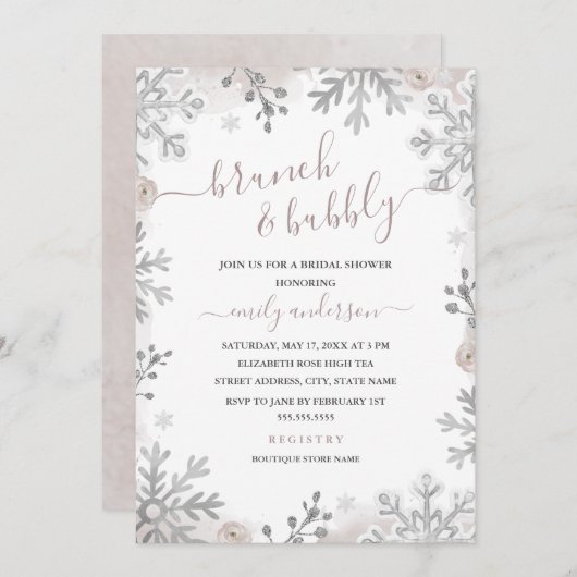 Winter Snowflake Silver Blush Brunch en Bubble Kaart (Voorkant / Achterkant)