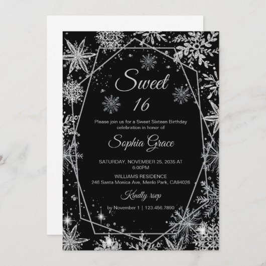 Winter Snowflake Sweet 16 Verjaardagsfeest Kaart (Voorkant / Achterkant)