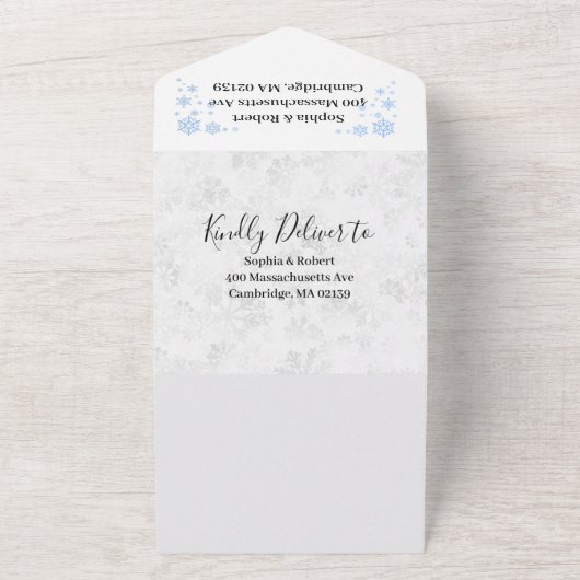 Winter Snowflake Wedding All In One Uitnodiging (Buitenkant)