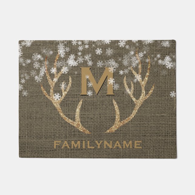 Winter Snowflakes Antlers Rustige Burlap Monogram Deurmat (Voorkant)