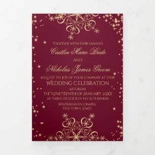 Winter Snowflakes Burgundy en Gold Sparkle Drieluik Kaart