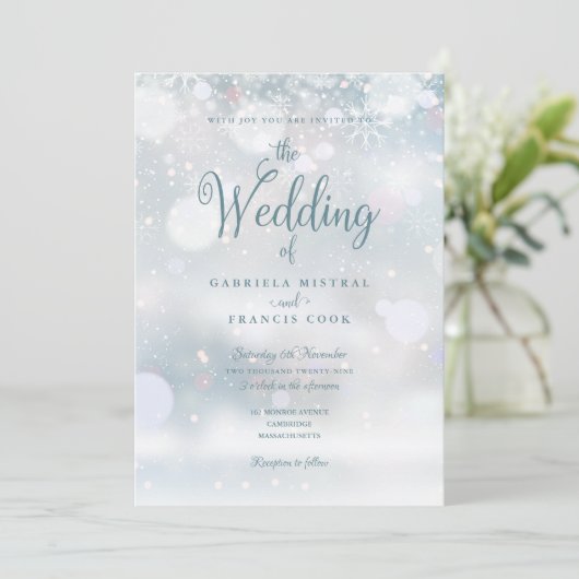 Winter Snowflakes Elegant Script Photo Weddenschap Kaart (Staand voorkant)