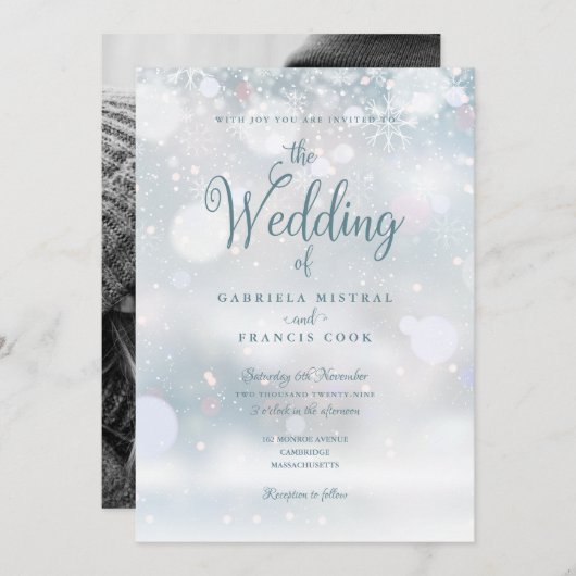 Winter Snowflakes Elegant Script Photo Weddenschap Kaart (Voorkant / Achterkant)