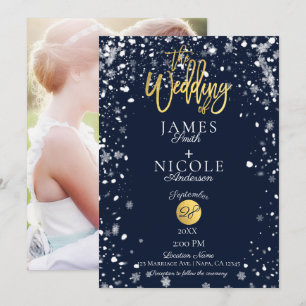Winter Snowflakes Gold Foil Full Photo Weddenschap Kaart