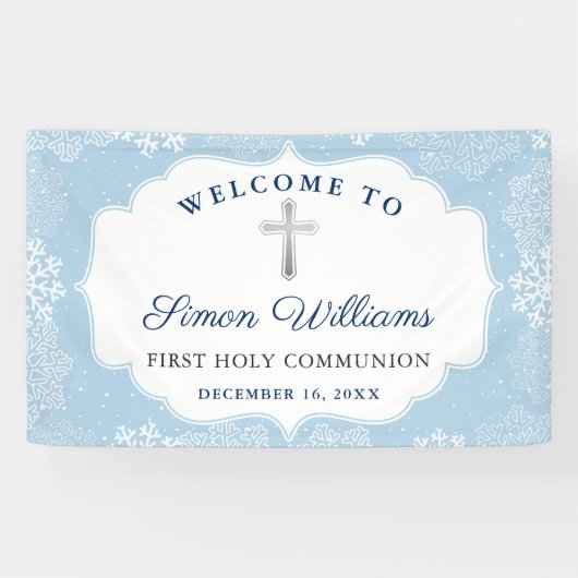 Winter Snowflakes Light Blue First Heilige Communi Spandoek (Horizontaal)