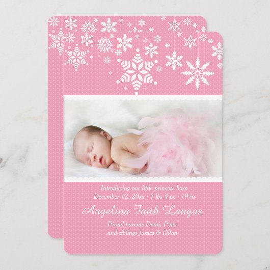 Winter Snowflakes Roze aankondiging (Voorkant / Achterkant)