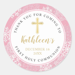 Winter Snowflakes Roze Gold First Heilige Communie Ronde Sticker