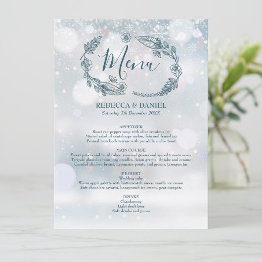 Winter Snowflakes Rustieke Bloem Bruiloft Menu (Staand voorkant)