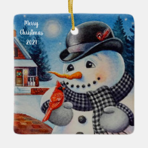 Winter Snowman en Red Cardinaal Bird Waterverf Art Keramisch Ornament