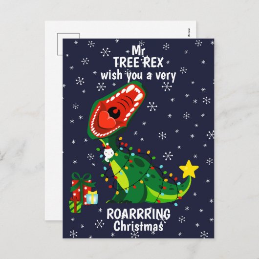 Winter Snowman kerstboom T-Rex Dinosaur Feestdagenkaart (Voorkant / Achterkant)