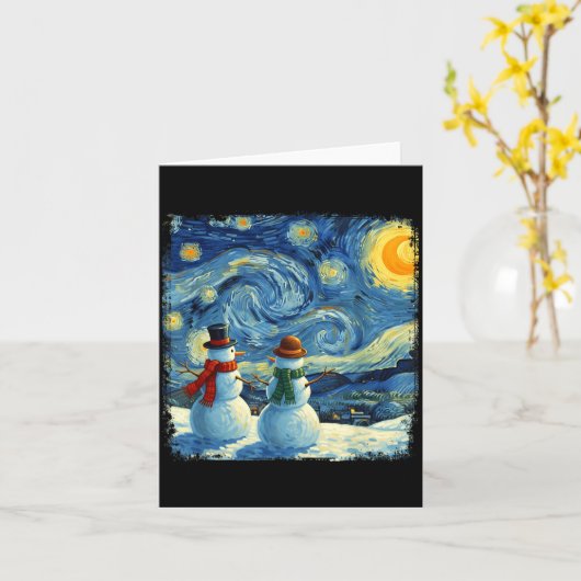 Winter Snowman Van Gogh Starry Night Christmas Kaart (Gele Bloem)