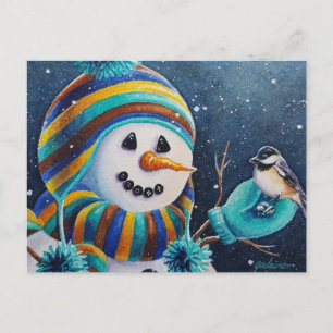 Winter Snowman voedt Waterverf vogelpest Briefkaart