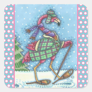 WINTER SNOWSHOES PINK FLAMINGO STICKERS Sheet Squ