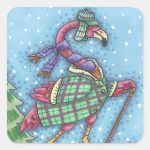WINTER SNOWSHOES PINK FLAMINGO STICKERS Sheet Squ