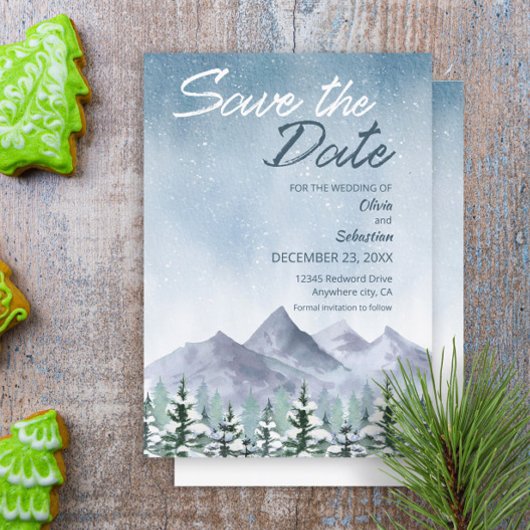 Winter Snowy Mountain Forest bruiloft Save The Date