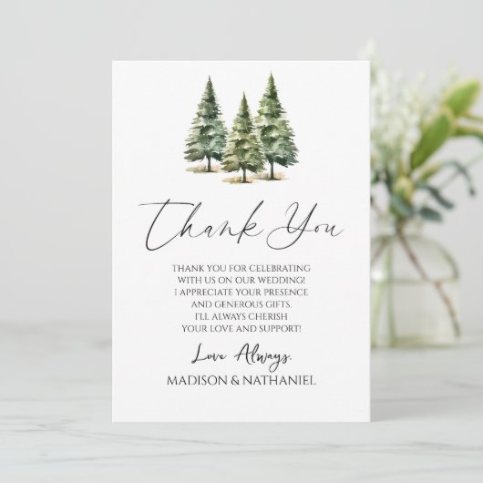 Winter Snowy Pine Tree Custom Photo Wedding Bedankkaart (Staand voorkant)
