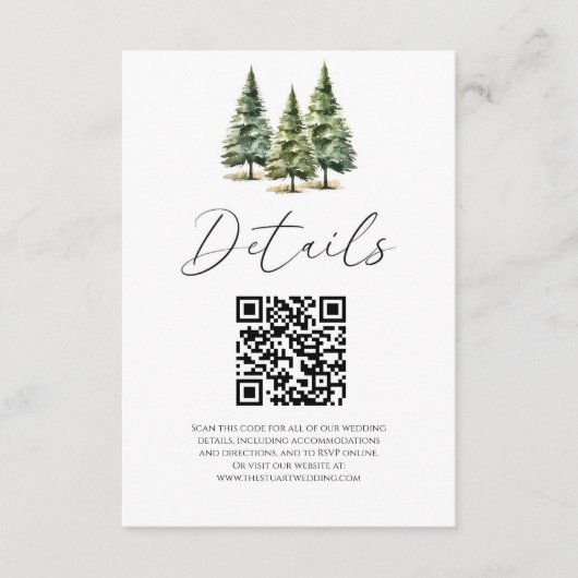 Winter Snowy Pine Trees QR Code Trouwdetails Informatiekaartje (Voorkant)