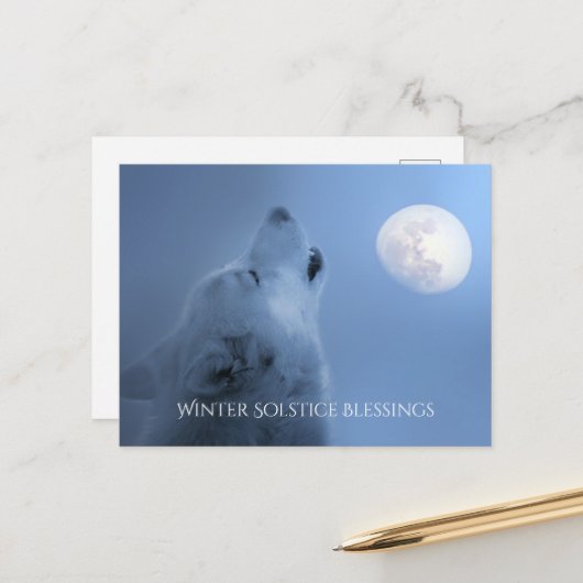 Winter Solstice Blessings Wolf en Moon Briefkaart (Voorkant / Achterkant in situ)
