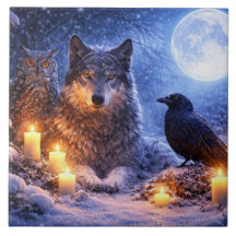 Winter Solstice Candles Wolf Raven and Owl