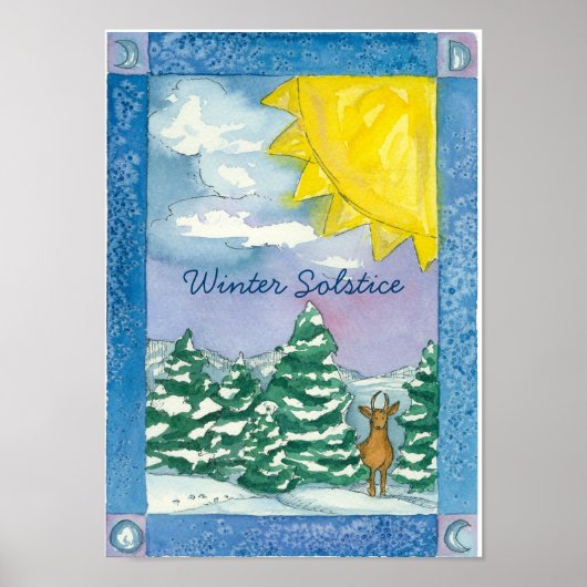 Winter Solstice Deer Landscape Waterverf Poster (Voorkant)