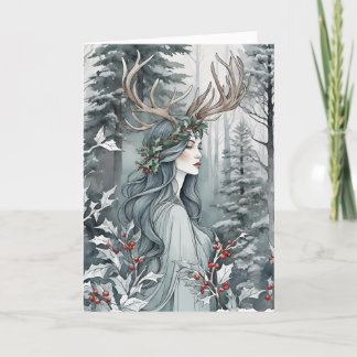 Winter Solstice Godin in het bos Feestdagen Kaart