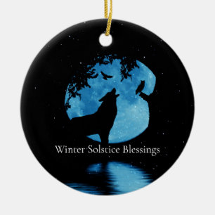 Winter Solstice Wolf Owl en Winter Moon Keramisch Ornament