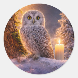 Winter Solstitie Yule Uil en Kaars Sneeuw Ronde Sticker