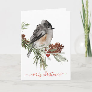 Winter Sparrow Spruce Red Berries Merry Kerstry Feestdagen Kaart