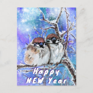 Winter Sparrows Couple Happy New Year Kaart