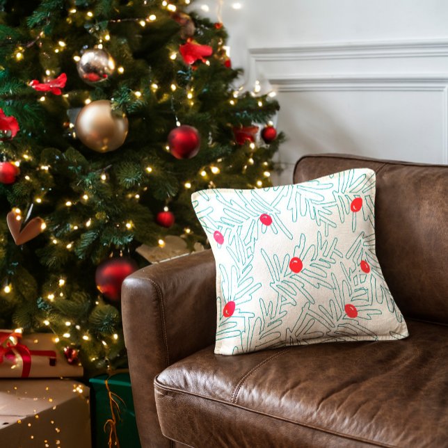 Winter Sprig Pattern | Minimal Pine Branch & Berry Kussen (Creator heeft geüpload)