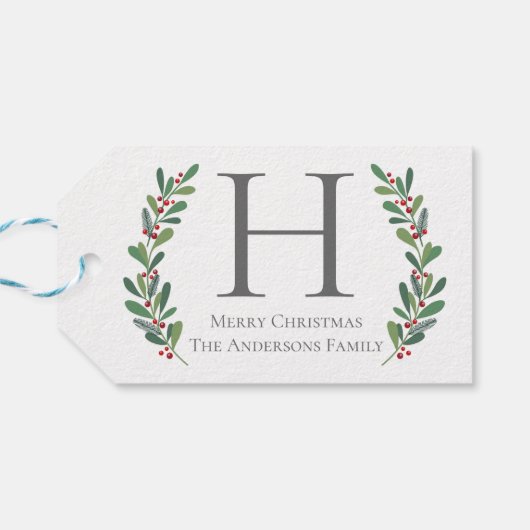 Winter Sprigs Monogram Kerst Gift Label Cadeaulabel (Achterkant Horizontaal)