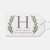 Winter Sprigs Monogram Kerst Gift Label Cadeaulabel (Voorkant (Horizontaal))