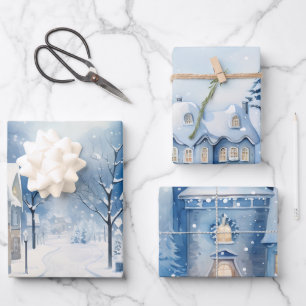 Winter Sprookje Snowy Huizen Scène Blauw en Wit Inpakpapier Vel