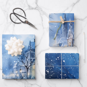 Winter Sprookje Snowy Huizen Scène Blauw en Wit Inpakpapier Vel