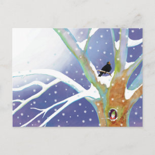 Winter Sprookje - Zingende Merel en een kabouter Briefkaart