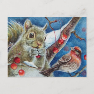 Winter Squirrel Finch Bird Berries Waterverf Art Briefkaart